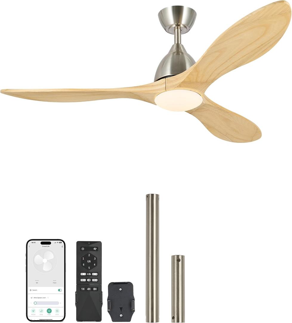 VONLUCE Ceiling Fans with Lights, 52 inch Ceiling Fans with Lights and Remote/APP/Alexa Control, 3 Blades, 6 Speeds, Noiseless Reversible DC Motor, Smart Ceiling Fan for Bedroom Farmhouse, Nickel