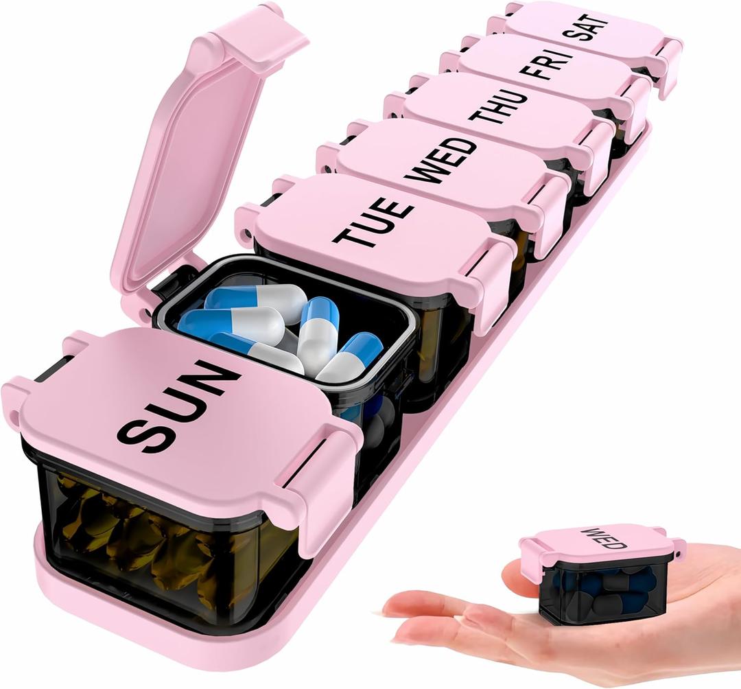 Extra Large Weekly Pill Organizer - XL Vitamin Holder with 7 Detachable Compartments, Portable Medicine Pill Organizer for Supplements, Daily Pill Case for Home and Travel,Pink