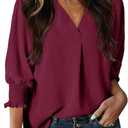 Dokotoo Women Blouses Dressy Casual V Neck 3/4 Length Sleeve Womens Tops Business Work Blouses Office Shirts (Large, Burgundy)