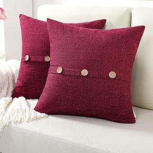 FUTEI Burgundy Linen Decorative Throw Pillow Covers 20x20 Inch Set of 2, Square Cushion Case with Vintage Button/Zipper,Modern Farmhouse Home Decor for Couch,Bed