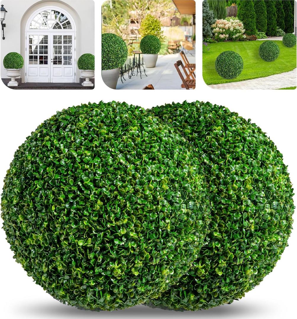 19 Inch 2 PCS 8 Layers Leaves Artificial Plant Topiary Balls, UV Resistant Faux Evergreen Boxwood for Indoor Outdoor Porch Garden Backyard Decor