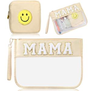 Hillban 2 Pcs Mama Gifts Set Mama Makeup Bag for Hospital Chenille Letter Pouch Preppy Patch Beach Travel Bags Aesthetic Waterproof Portable Toiletry Storage