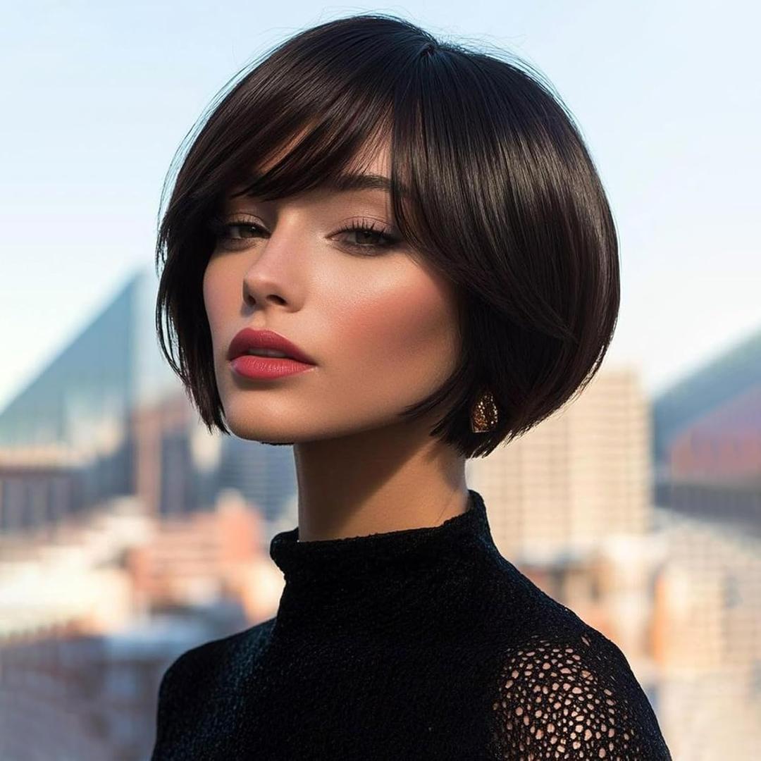 MIMAN 8 Inch Chin Length Bob Wigs for Black Women Human Hair Glueless Wig Short Black Layered Wavy Pixie Wigs with Bangs Natural Black Hair Replacement Wig