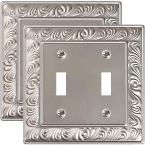 2-Pack Double Toggle Light Switch Cover Plate, Paisley Pattern Decorative Dual Switch Plate Covers, Satin Nickel 2 Gang Metal Wall Plates for Electrical Outlets, Receptacle, GFCI Outlet
