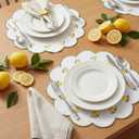 Qinyoung 6 Pieces Lemon Placemats 13.8 Inch Scalloped Embroidery placemats Fabric Linen Cotton mats Set Round Decorative Dining Table Mats for Wedding Birthday Bridal Party Decor