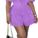 LAJIOJIO Jumpsuits for Women,Sexy Off the Shoulder Ruffle Hem Pleated Short Romper for Summer 2024 (3X-Large, Purple)