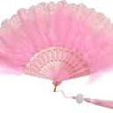 Fumwase Foldable Feather Fan Embroidered Flower Handheld Chinese Folding Fans 1920s Feather Fan Flapper Hand Fan for Costume Party Wedding Dancing Decoration (Pink)