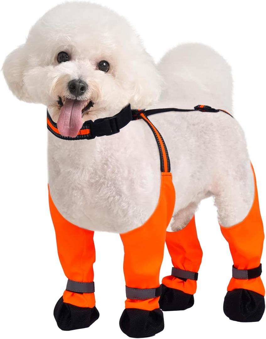 Dog Suspender Boots, Anti-Slip & Fall Waterproof Dog Shoes Leggings, Dog Paw Protector forMedium Dogs, Adjustable Dog Boots Pet Shoes for Outdoor Walking (Orange) M