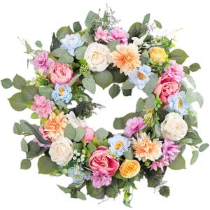 Spring Wreaths for Front Door,Summer Wreath with Peony Rose and Dahlia Flowers,24 Inch Floral Door Wreath for All Seasons Outside Outdoor Indoor Wall Wedding Holiday Home Decor (Multicolor)