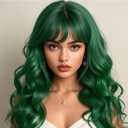 Sallcks Women' Long Curly Wavy Green Wig with Bangs Synthetic Heat-Resistant Halloween Cosplay Costume Wigs
