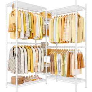 Ulif E4L L-shaped Clothing Rack for Corner, Heavy-Duty Freestanding Garment Rack, Metal Clothes Storage Organizer System with Shelves and Hangers, Max Load 962lbs, 42.7" W x 42.7" D x 79.3" H, White