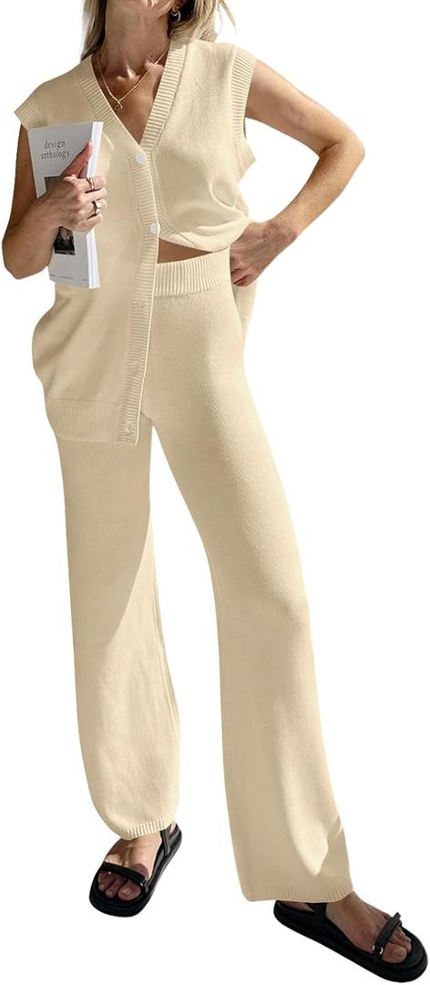 Tankaneo Womens Knit 2 Piece Outfits Sets Sleeveless Button Down Vest Tops Wide Leg Pants Lounge Set (Small, Apricot)