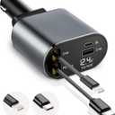 EcoNour Fast 4-in-1 Retractable Car Charger Adapter | 60W Car iPhone Charger | USB C Fast Charge | Compatible up to iPhone 16, Samsung & Android | Charger with Retractable Cord