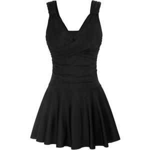 GRACE KARIN Women's One Piece Swimdress Tummy Control Bathing Suit V Neck Swimsuit Ruched Skirt Swimwear (Black-pure) S