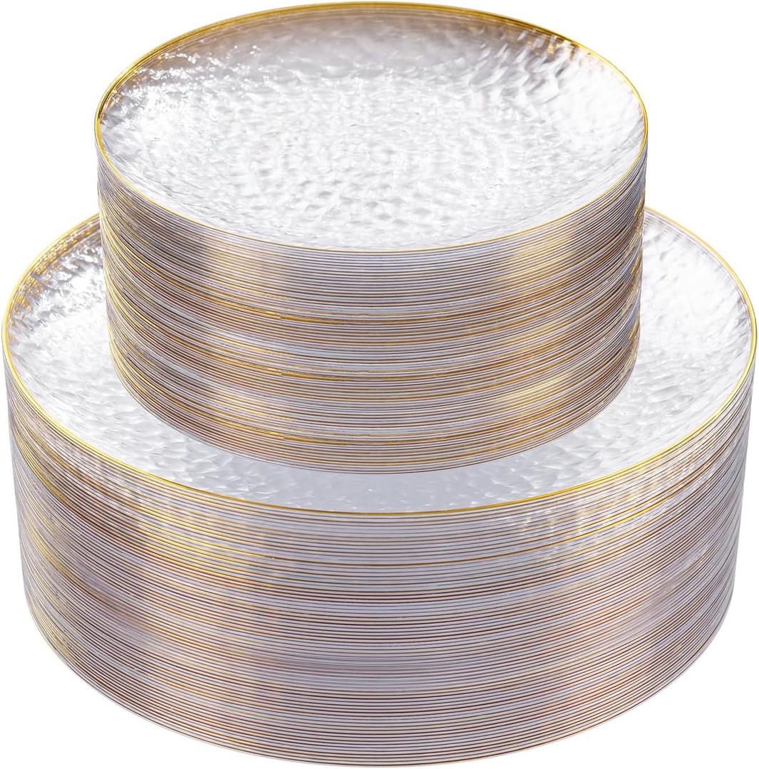 Rubtlamp 60Pcs Clear Plastic Plates,Clear Disposable Plates With Gold Rim,Heavy-duty Gold Plates,Hammered Party Plates Include 30Clear Dessert-Platos, 30 Dinner-Platos for Wedding, Party