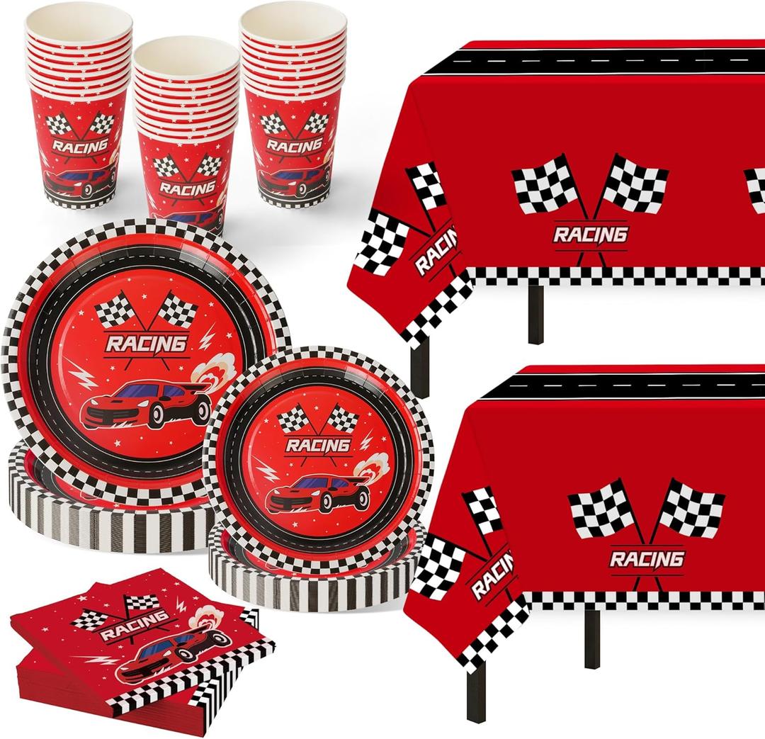 Childom 102 PCS Racing Car Tableware Sets,Race Car Birthday Party Supplies,Disposable Racing Tablecloths,Plates Cups Napkins,Cars Themed Tableware Set for Boys Birthday,Kids Parties,Racing Party Decor