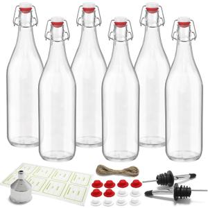 6 Pack [0.48 Liter / 16 fl. oz.] Swing Top Glass Bottles Airtight Flip Top Brewing Bottles for Kombucha, Beer, Wine, Kefir, Soda, Liquor Includes Funnel, 2 Pourers, 6 Seals, 8 Labels & Jute Twine Clear