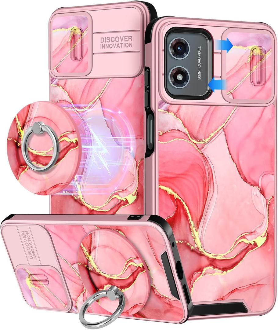 Buleens for Moto G Play 2024 Case 4G - with Ring Stand & Camera Cover Aesthetic Cute Designed for Women Girls Pretty Girly Fashion Unique Phone Case for Motorola G Play 2024 4G Compatible with Magsafe (Pink Watercolor)