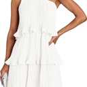 ZESICA Women's 2025 Summer Sleeveless Mini Dress Boho One Shoulder Ruffle Tiered Layered Chiffon Flowy A Line Dresses (Medium, White)