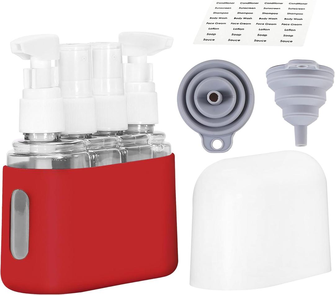 Bpluma Travel Bottles, Leak Proof Containers For Toiletries TSA Approved Airplane Accessories Kits For Liquid With Labels (Pack of 4 - Red)