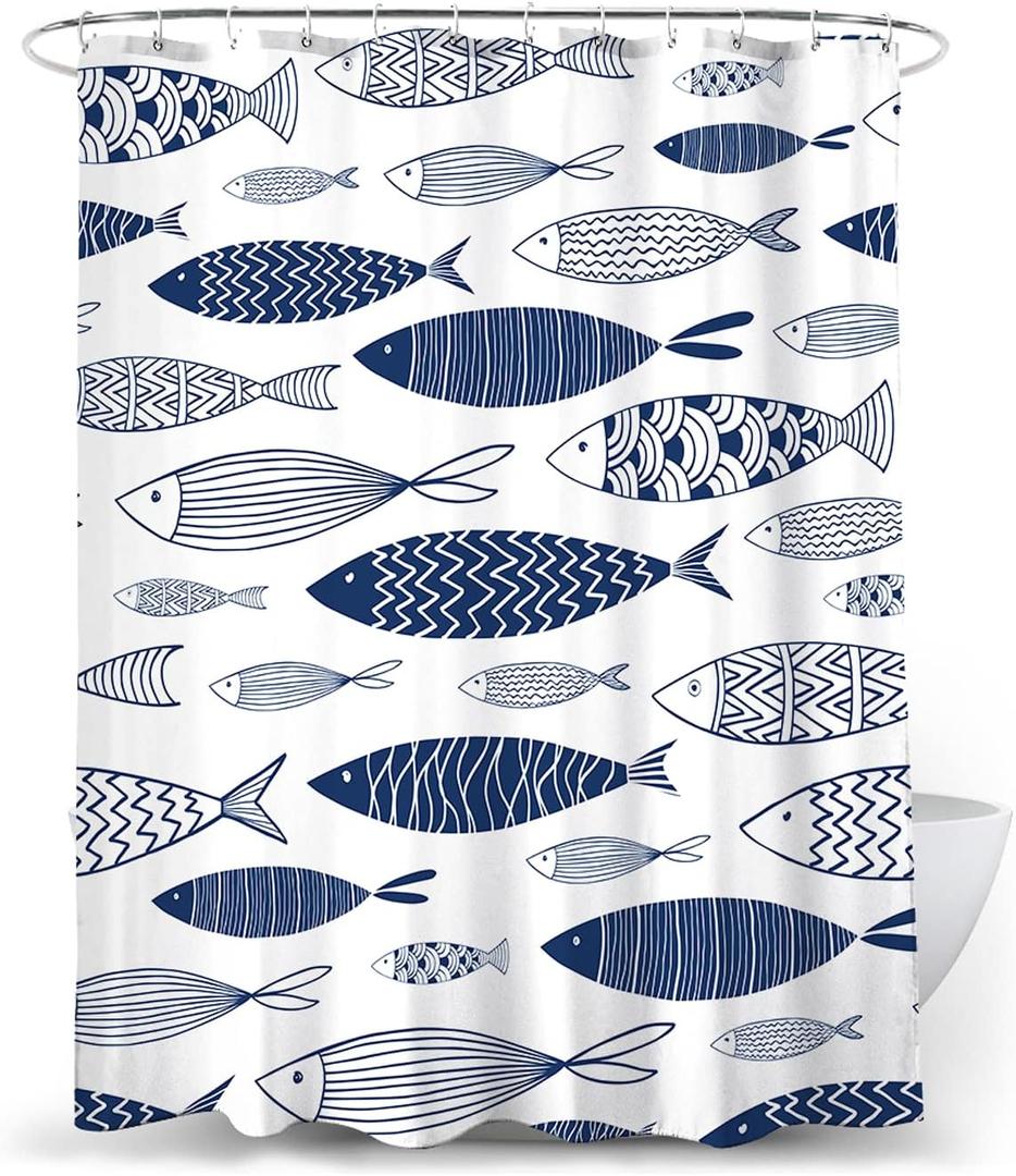 Navy Blue and White Fish Pattern Shower Curtain Set with Hooks, Waterproof, 72in x 72in (Blue and White)