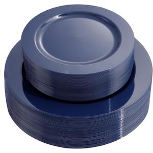 FLOWERCAT 100PCS Blue Plastic Plates - Heavy Duty Blue Disposable Plates for Memorial/Birthday Party/Graducation - Include 50PCS 10.25inch Dinner and 50PCS 7.5inch Dessert/Salad Plates for 50 Guests