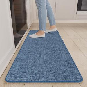 Non Slip Kitchen Runner Rugs Mat Washable Linen-Like Thin Kitchen Mats for Floor, Rubber Backing Absorbent Stain Resistant Standing Floor Mat Front of Sink Laundry, Easy Clean, Blue 17"x47"