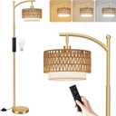 Ambimall Arc Floor Lamp for Living Room with Remote, Color Temperature & Brightness Adjustable, Boho Standing Lamp with Rattan & Fabric Double Drum Shades, Bulb Included(Gold)