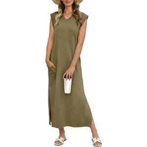 Nfsion Women Year-Round Summer Casual Sleeveless V Neck Loose Split Wrinkle-Free Long Maxi Vacation Dress with Pockets (XXL)