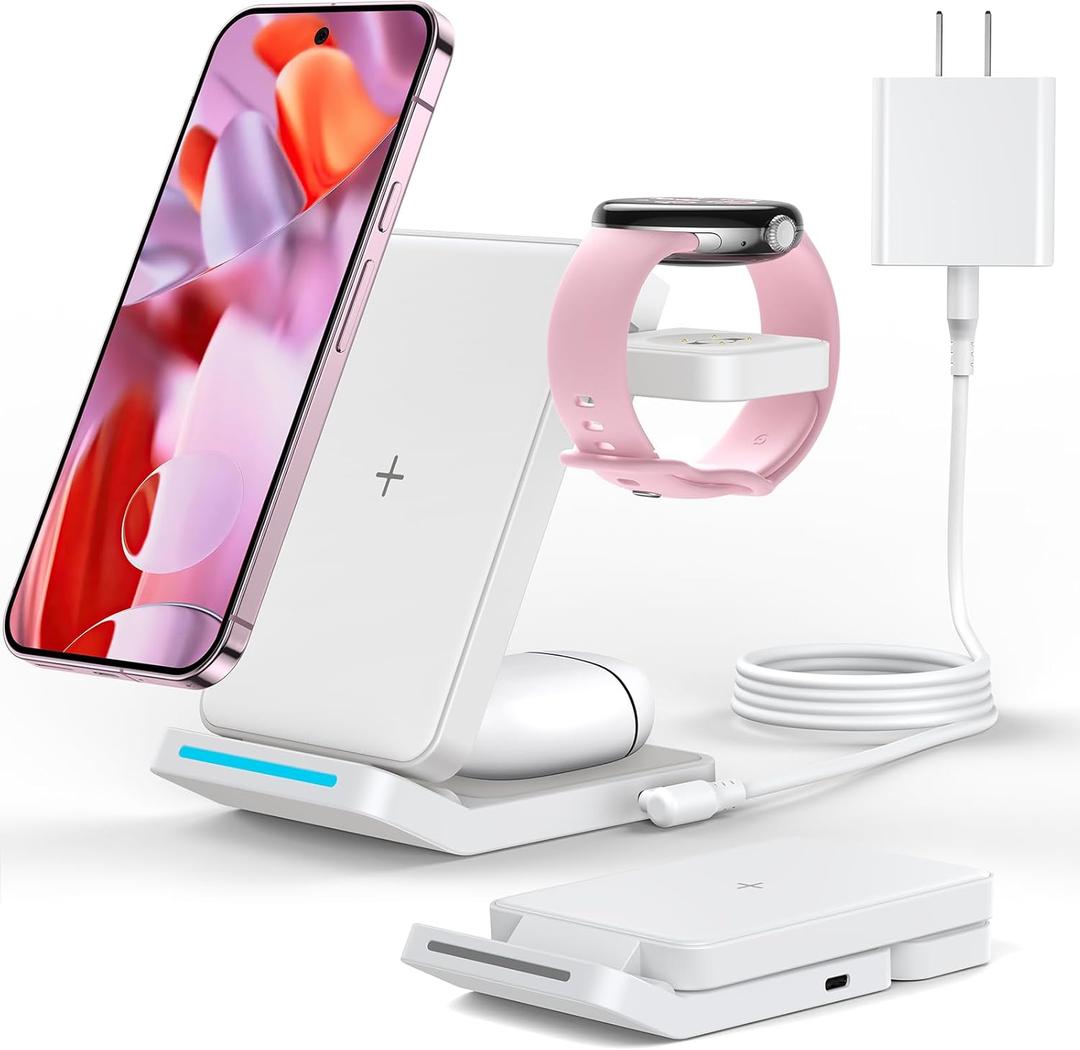 Upgraded Foldable 3 in 1 Wireless Charger for Pixel Watch 3/2 (Not for Pixel Watch 4/1), Fast Charger Stand for Pixel 10 Pro XL/9 Pro XL/9/8/7 Pro/8a/6 Pro & Buds, Charging Station with Adapter, White