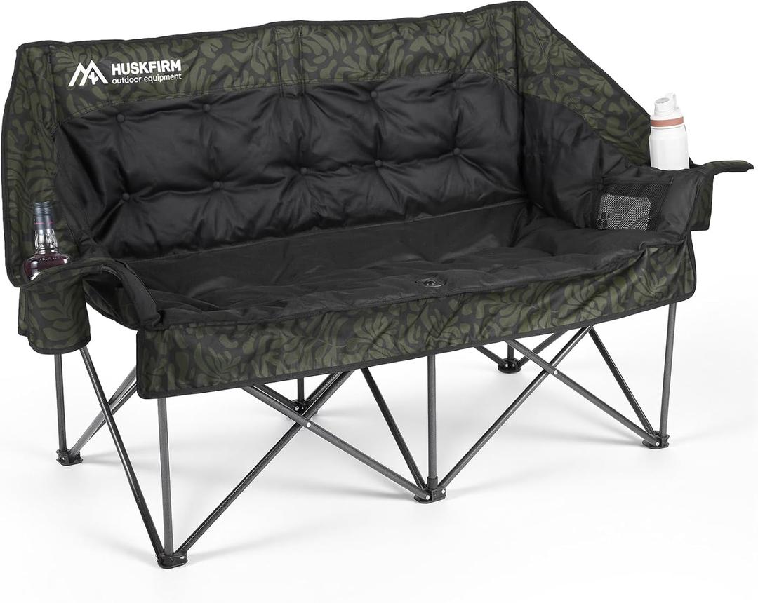 Oversized Double Camping Chair Padded Camping Chair for Adults,Green Leaves | Folding Loveseat with Cup Holders and Side Pockets Heavy Duty Outdoor Lawn Chairs for Camping,Sports, Fishing,Beach