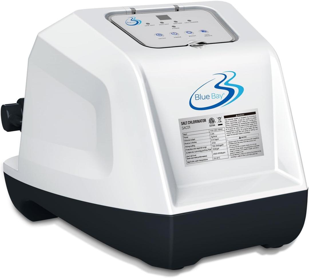 BlueBay Self-Cleaning Saltwater Chlorinator for Above Ground Pools Automatic Timer, Adapters Included, for Pools Up to 7,000 Gallons, Pool Saltwater System, IPX5