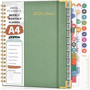 2026 Planner, Weekly and Monthly Calendar Planner from January 2026 - December 2026, 8.5" x 11" Hardcover Leather Hourly Appointment Book with Tabs, Spiral Daily Planners for School Work Home, Green (A4)