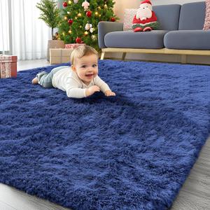 OLANLY Area Rugs for Living Room Bedroom, Machine Washable 4x5.9 ft Soft Fluffy Shaggy Bedside Rug, Indoor Floor Carpet for Kids Girls and Boys, Dorms, Nursery Rooms, Home Decor Aesthetic, Navy Blue