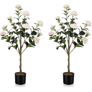 HMASYO 36 inch Artificial Camellia Flower Topiary Trees Set of 2, Potted Fake Flowering Plants Blooming Camellia Tree, UV Resistant Artificial Plants for Indoor Outdoor Home Front Porch Garden Decor