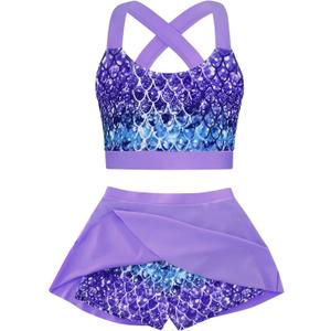 Cutemile Girls 2 Piece Tankini Swimsuit Summer Boyshort Bathing Suit with Beach Skirt Swimwear (16T, Purple)