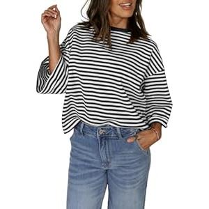 Women's Boho Blouse Black Stripe Bowknot Cutout Back Drop Shoulder Wide Bracelet Sleeve Loose Tee, XL