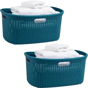 Mind Reader 40L Laundry Basket, Clothes Hamper, Wicker Design, Plastic, 23"L x 14.5"W x 11"H, Set of 2, Blue
