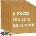 DOLLAR BOSS Cork Board Tiles, 6 Packs 12" x 12" 1/2" Thick Cork Bulletin Board Self Adhesive Corkboards for Walls with 60 Pushpins for Home Office Kitchen School Decor Display