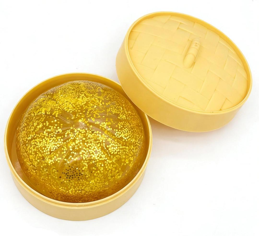 Glittery Golden Dumpling Toy with Steamer Case, Funny Squeeze Dough Stress Ball, Realistic Steamed Bun Squeezing Toy for Fidget Sensory Anxiety Relief Calming Travel Accessory Gift