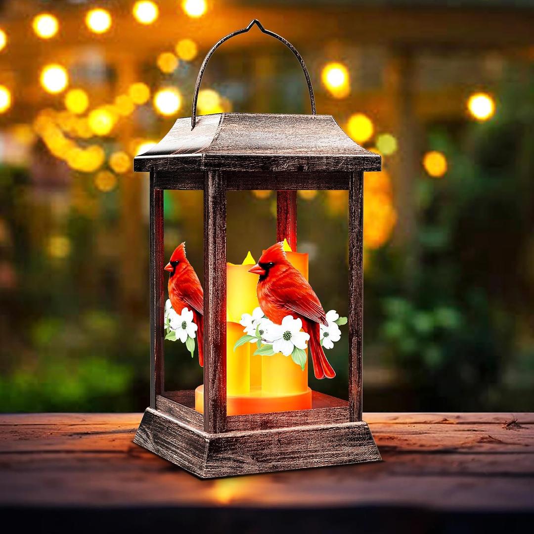 Solar Lanterns Outdoor Hanging Lanterns, Metal with Glass Cardinal Solar Lights, Waterproof Decorative Lantern Garden Decor for Outside Table Patio Yard, Memorial Gifts Grave Decorations for Cemetery