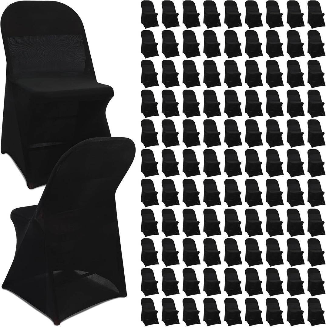 Newwiee Spandex Chair Covers Bulk - Stretch Folding Flat Front Fitted Universal Chair Protector Pack Removable Washable for Wedding Party Dining Banquet Event(Black,100 Pcs)
