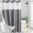 Grey White Striped Fabric Shower Curtain with Snap in Removable Liner for Bathroom Bathtubs,Hotel Shower Curtain and Liner Set with See Through Mesh Top Window,Machine Washable (54"W X 74"H)
