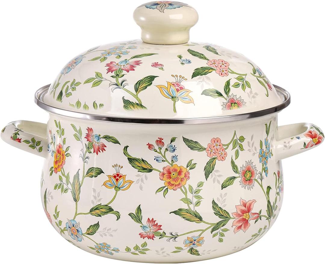 Jucoan 2.8 Quart Vintage Enamel Cooking Pot with Lid, Green Floral Enamelware Simmer Pot Saucepan with Dual Handles for Gas Electric Stovetop, Soup Bowl Gift for Housewarming Wedding Bridal Shower