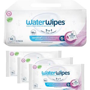 WaterWipes Sensitive+ Body & Intimate Wipes, 3-In-1 Cleans, Cares, Protects, 99.9% Water, Unscented & Hypoallergenic Hygiene Wet Wipes, Adult Care, 90 Wipes (3 Packs)