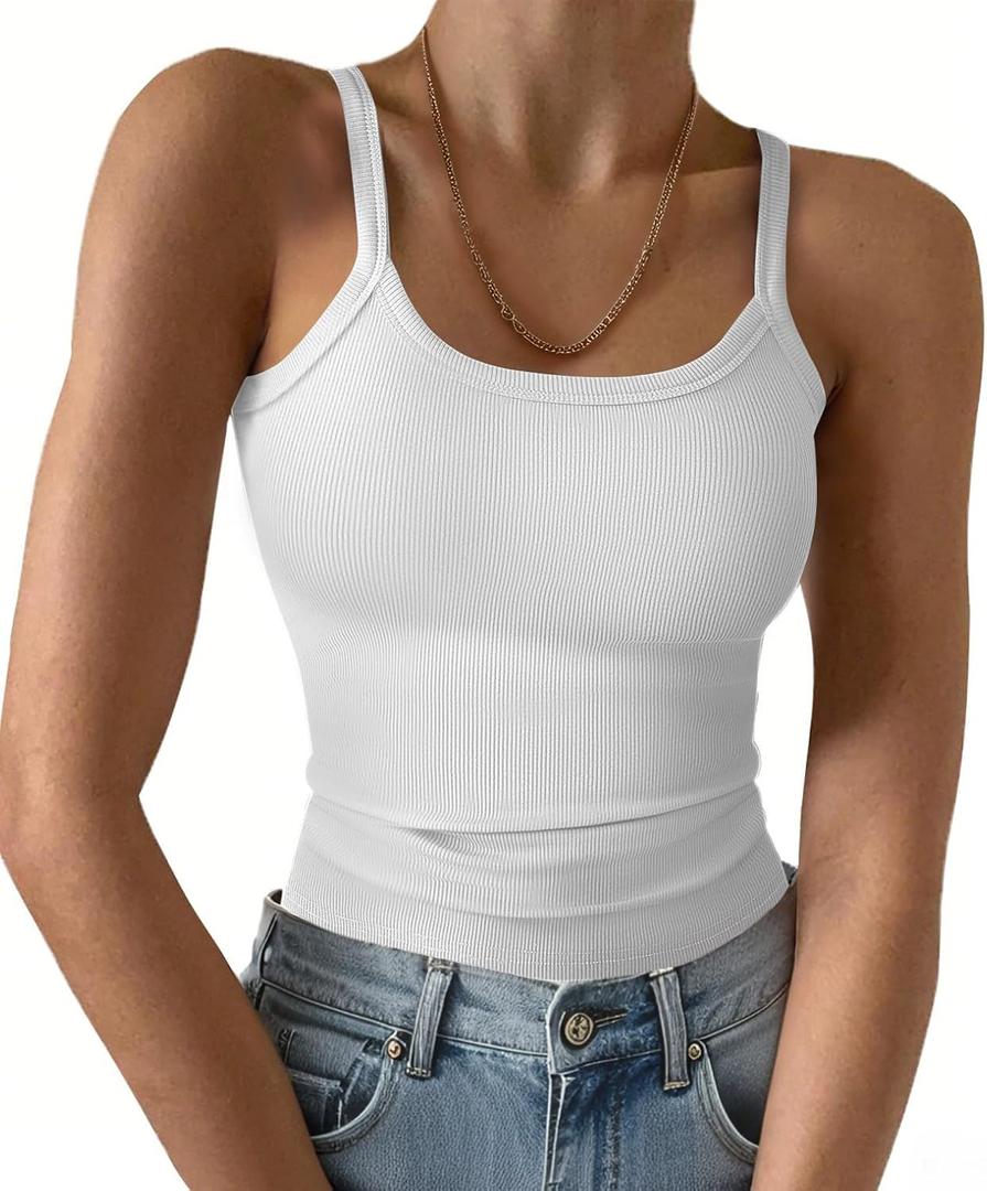 Ribbed Tank Tops for Women 2025 Spaghetti Strap Scoop Neck Slim Fitted Basic Sleeveless Casual Workout Cami Shirts (Small, A-short White)