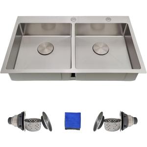 33 Inch Double Bowl Kitchen Sinks Drop In  Delironexu 16 Gauge Stainless Steel Kitchen Sink Double Bowl, 33x19 Drop In Double kitchen sink with Brushed Finish, 6 Inch Deep 50/50 Overmount Sink