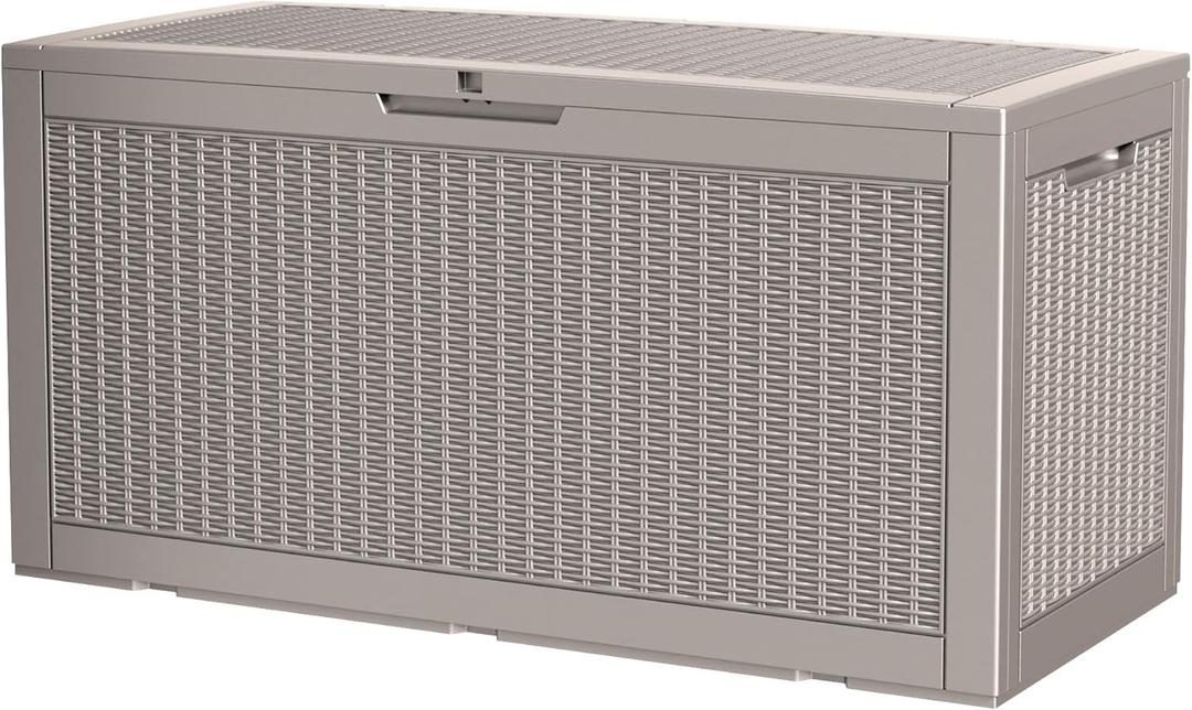 100 Gallon Storage Box, Waterproof Resin Deck Box with Hydraulic Piston Design, Lockable Storage Bench for Package Delivery, Storage Bin for Patio Cushions, Garden Tools, Grey