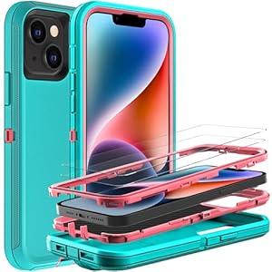 YKHJKLEC for iPhone 14 Plus Case, Military Grade 3 in 1 Heavy Duty Shockproof/Drop Proof/Dust Proof Case with 2Pcs Tempered Glass Screen Protector (Aqua Blue/Pink)