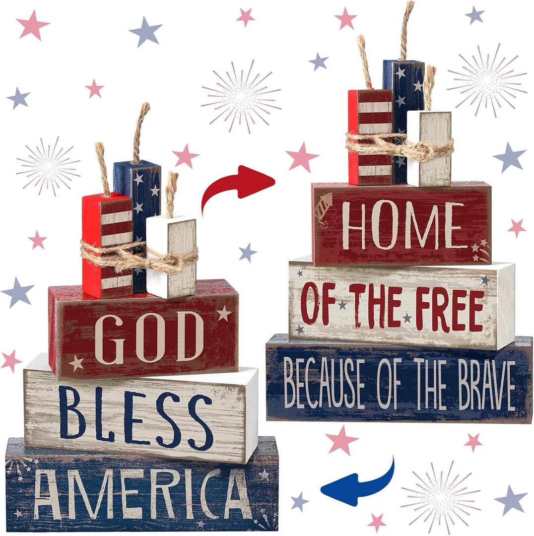 Moucuny 4 Pcs 4th of July Table Decorations Reversible Memorial Day Table Centerpiece Patriotic Fireworks Block Sign with String for 250th Anniversary USA Tiered Tray Home Shelf Decor